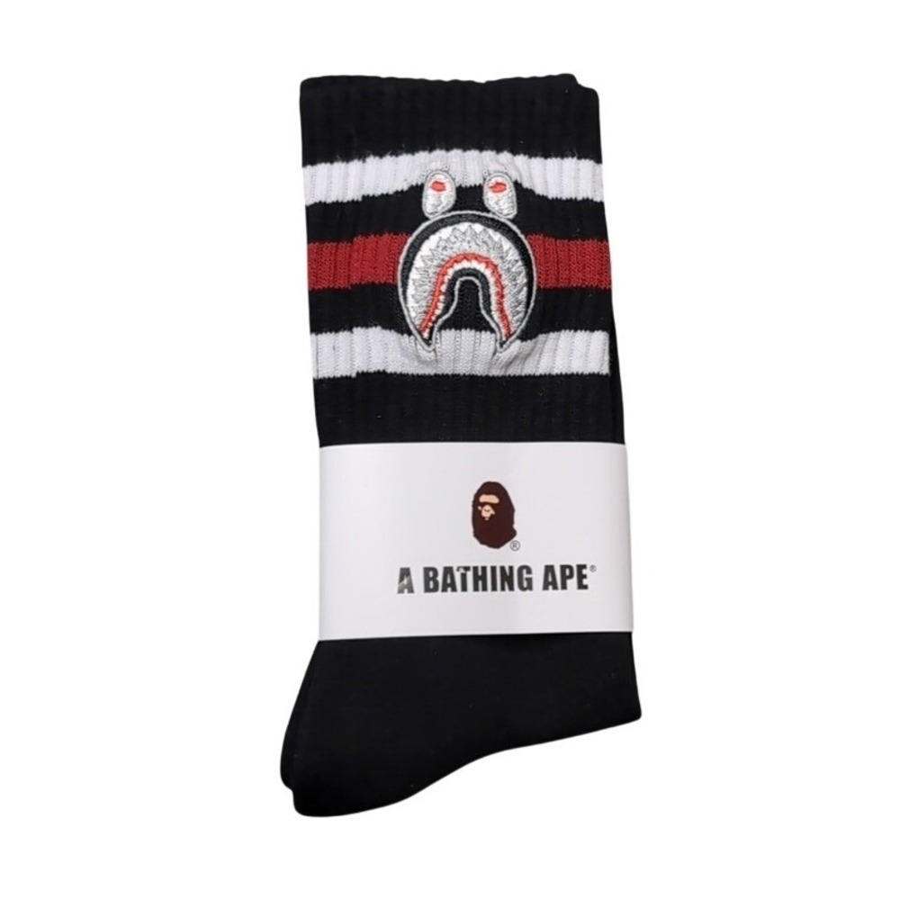 Bape Crew Socks Embroidered Shark Head Striped Mens Womens Unisex Sz 9-11 Black